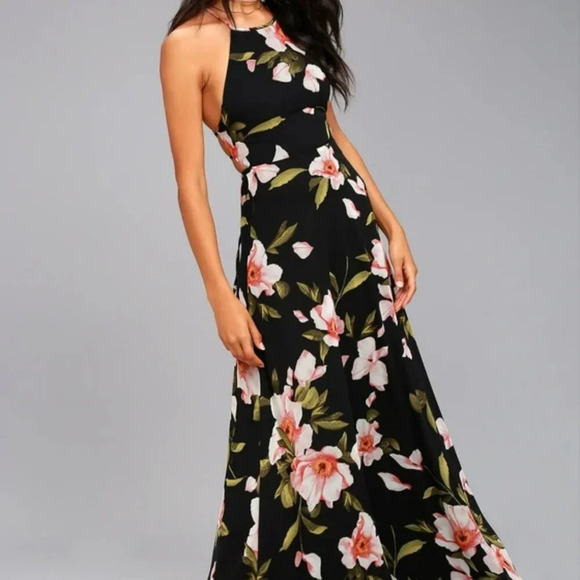 Lulus Adventure Seeker Floral Print Maxi Dress Women Medium Black Pink Tropical - Picture 1 of 14